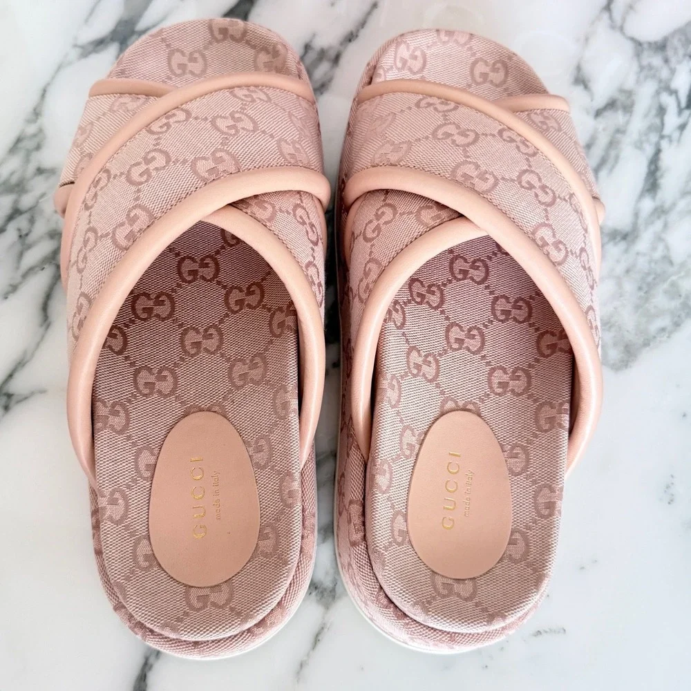 Gucci GG Canvas Platform Slide Sandals Pink Crisscross 816798 FAD9D 6845 Size 39